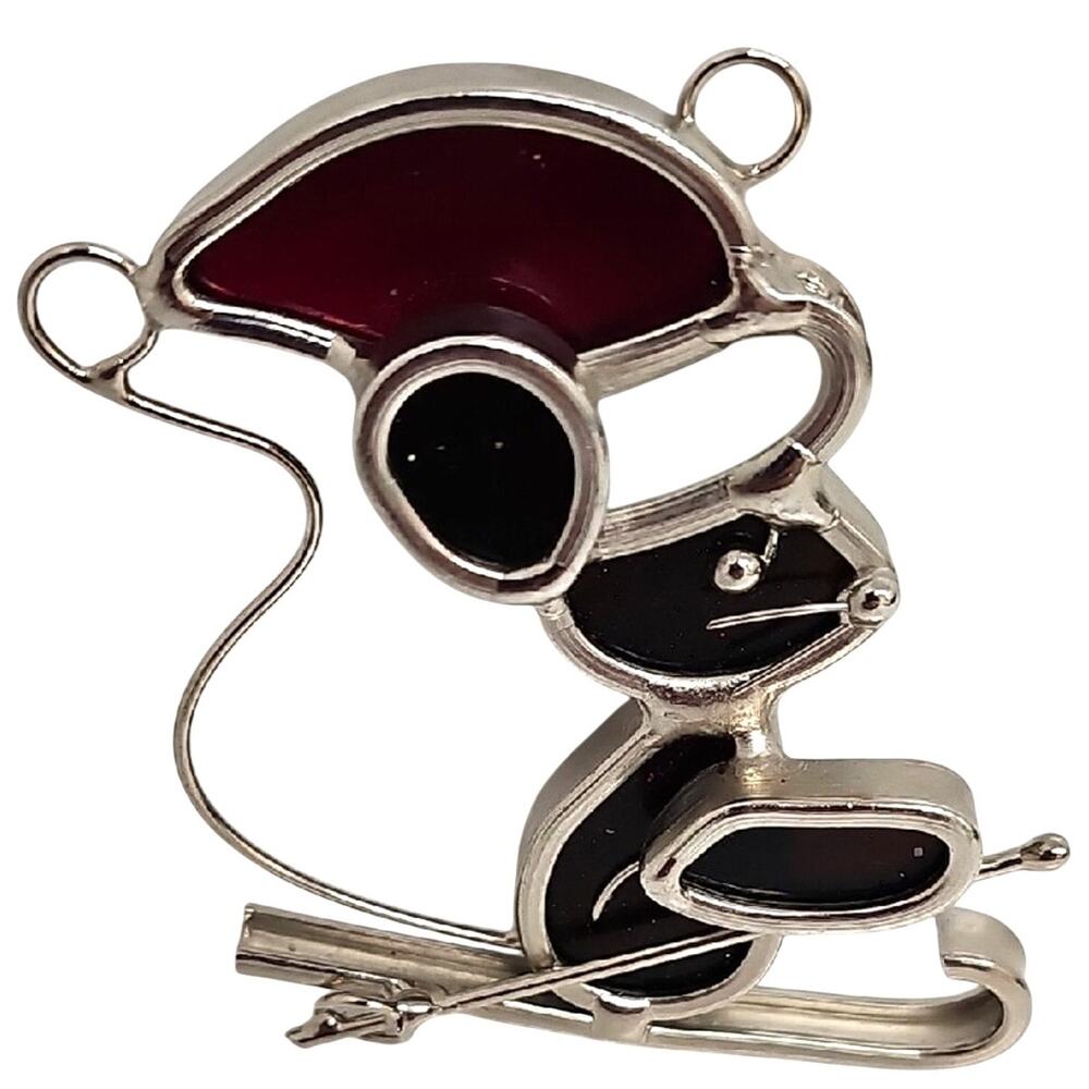 Elegant Silver Red White and Black Stained Glass Silver Mouse Ornament Gift